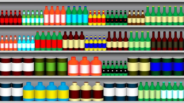 Étagères de supermarché avec diverses bouteilles et boîtes — Image vectorielle