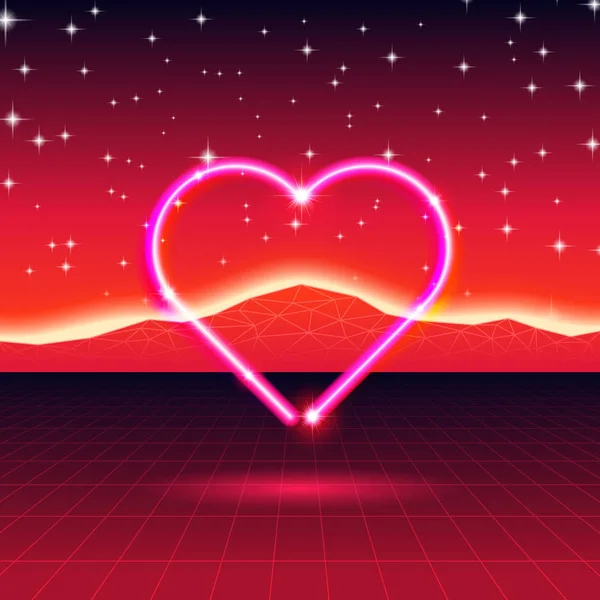 80s styled retro futuristic card with neon heart in computer world — Stock Vector