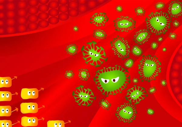 Rajzfilm coronavirus belépő szervezet és megfertőzi a testet — Stock Vector