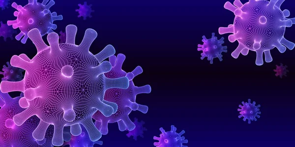 Coronavirus COVID-19 orvosi háttér, kék és lila tudományos absztrakcióban úszó, technológiailag tervezett rácsos vírusokkal — Stock Vector