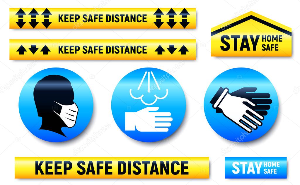 Keep Distance and Stay Home stickers and markers set for shop or supermarket during epidemic quarantine of coronavirus COVID-19