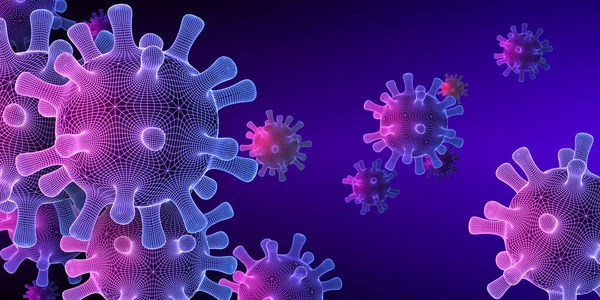 Coronavirus COVID-19 tıbbi geçmişi mavi ve mor bilimsel soyutlamalarda yüzen şematik ağ virüsleri.
