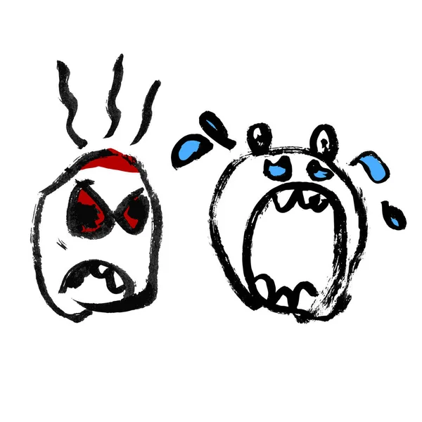 Emotion icons set. Drawn angry and crying heads.