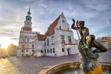 Poznan Polonya 'da küçük renkli evleri ve eski belediye binası olan Stary Rynek Meydanı