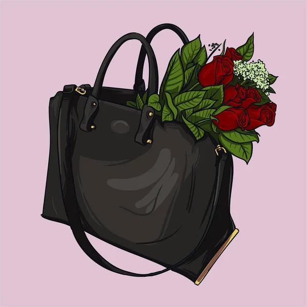 Fashion Illustration: handgezeichnete rosa beige Handtasche mit Blumen rote Rosen auf blauem Hintergrund — Stockvektor