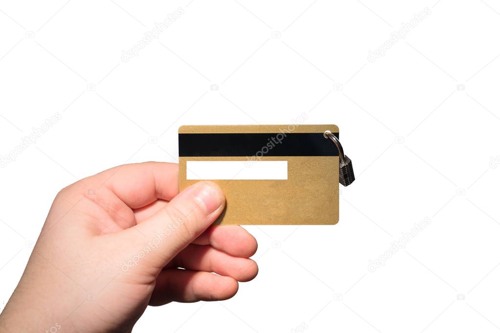 Bank card with padlock in hand