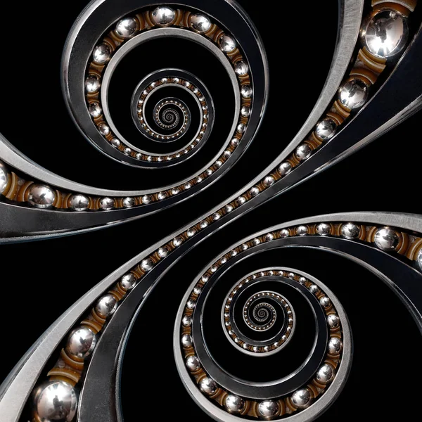 Fun incredible Industrial Ball Bearing. Double CCW spiral effect technology on black background. Funny abstract texture fractal background. Spiral fractal effect. Perspective, diagonal curve line — Stock Photo, Image