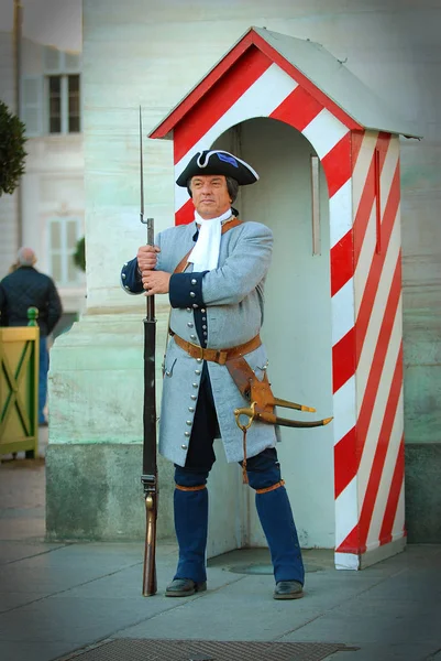 TURIN, ITALY, NOV, 21, 2007: Guardian with musket rifle in guard house. Weekend parade of old Italian guards army in gray uniform on Turin Piazza Castello. Italy holidays vacations — Stock Photo, Image