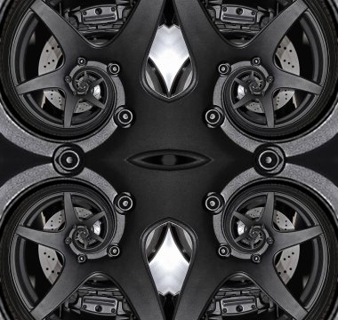 Dikişsiz desen spor soyut araba tekerleği otomobil fren disk ilik lastik spiral etkisi desen arka plan. Dört otomotiv soyut araba tekerleği fraktal disk lastik spiral desen arka plan. Araba tekerleği kollu