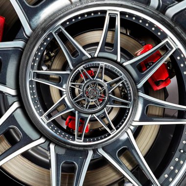 Spor otomobil otomobil tekerlek soyut fraktal fren disk iclastama spiral etkisi desen arka plan illüstrasyon kadar. Otomotiv soyut araba tekerleği lastik spiral desen arka plan. Araba tekerleği metal spokes. Droste etkisi