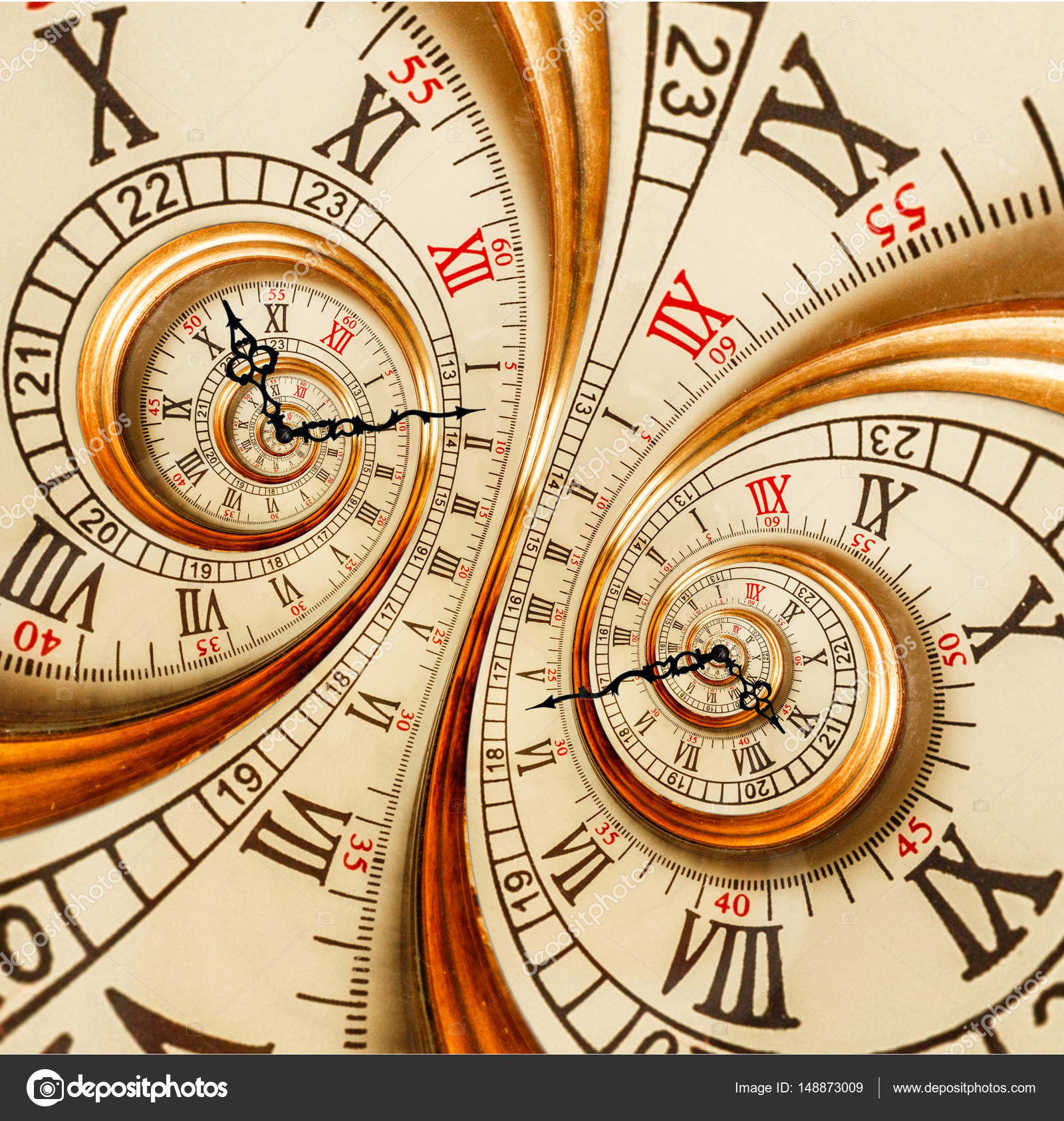 Velho relógio antigo abstrato fractal dupla espiral. Assista ponteiros do  relógio textura abstrata incomum fundo padrão fractal. Relógio de moda  antiga dourada com algarismos romanos e árabes. Efeito Gimp Droste — Foto ©, image size:1600x1686