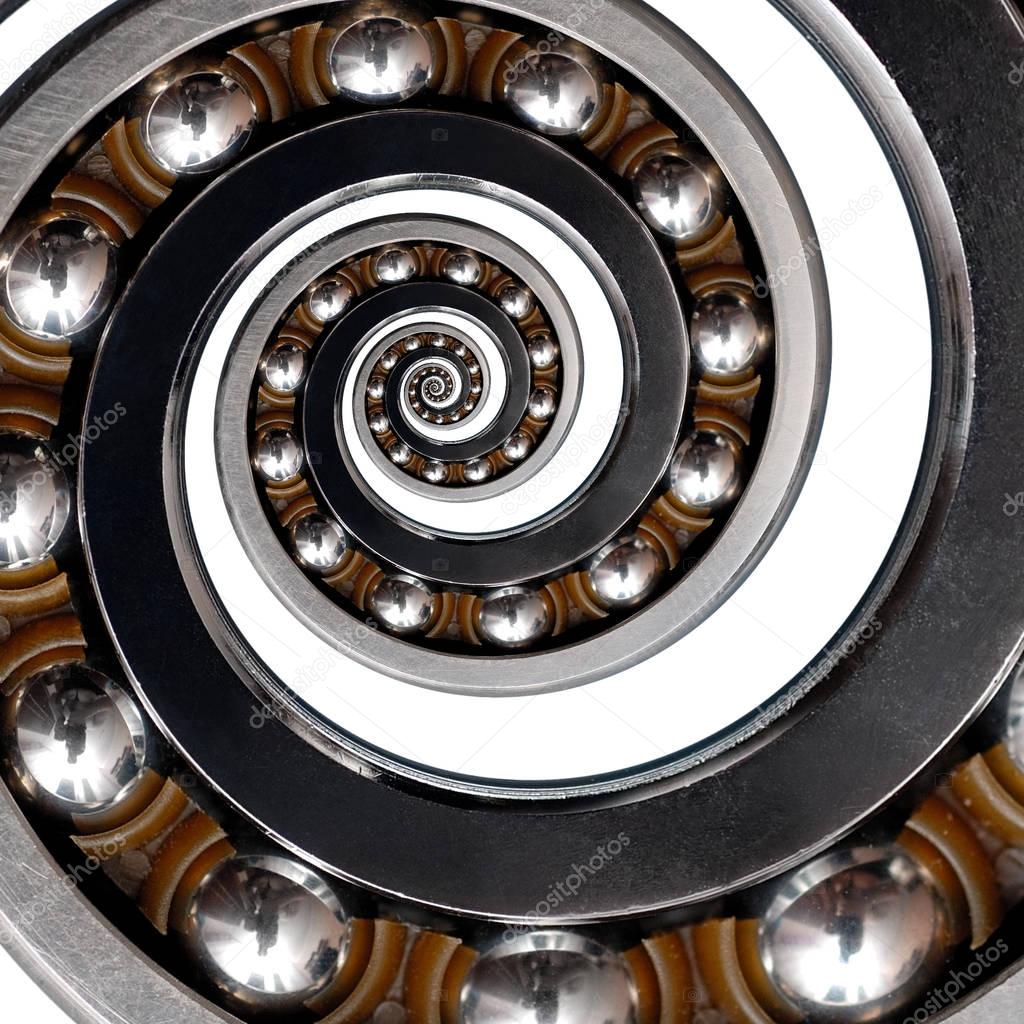 Isolated on white Incredible unusual industrial asymmetrical Ball Bearing spiral. Spiral effect bearing manufacturing technology. Abstract fractal background. Futuristic bearings technology fractal
