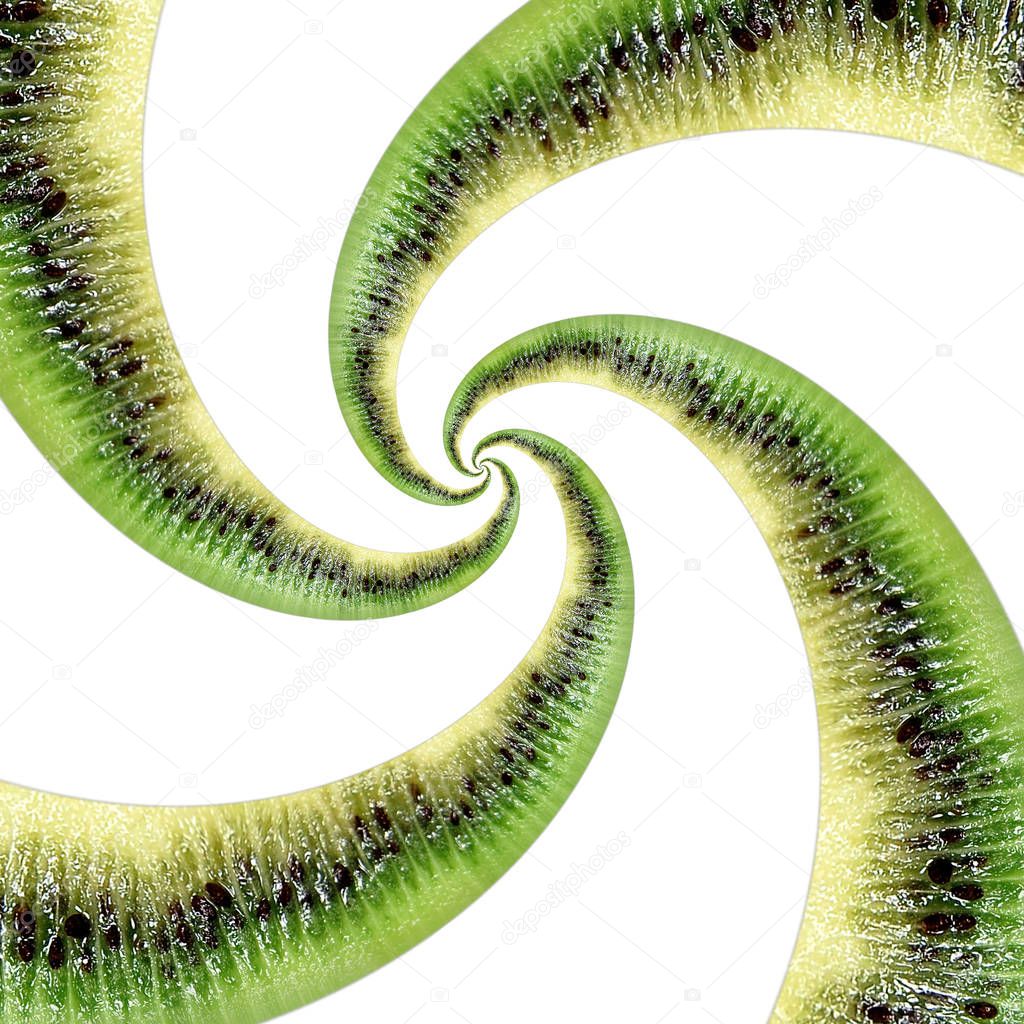 Kiwi abstract texture fractal spiral isolated on white. Kiwi abstract green black fruit fractal effect. Food incredible background. Funny fresh fruits. Green kiwi. Abstract fruit food effect spiral