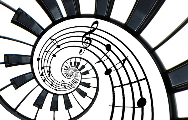 Piano keyboard printed music abstract fractal spiral pattern background. Black and white piano keys round spiral. Spiral stair. Piano helical pattern abstract background. Abstract isolated piano