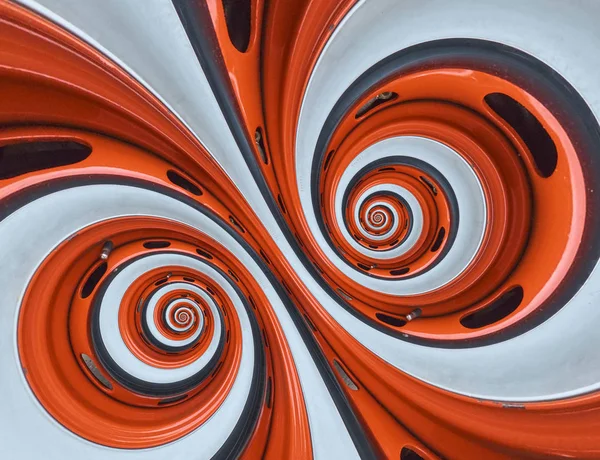Bil Automobile hjulfälg däck dubbel spiral abstrakt fraktal bakgrund. Orange hjulfälg spiral effekt mönster abstrakt bakgrund. Automotive abstrakt hjulet. Otrolig orange vit bil fälg — Stockfoto