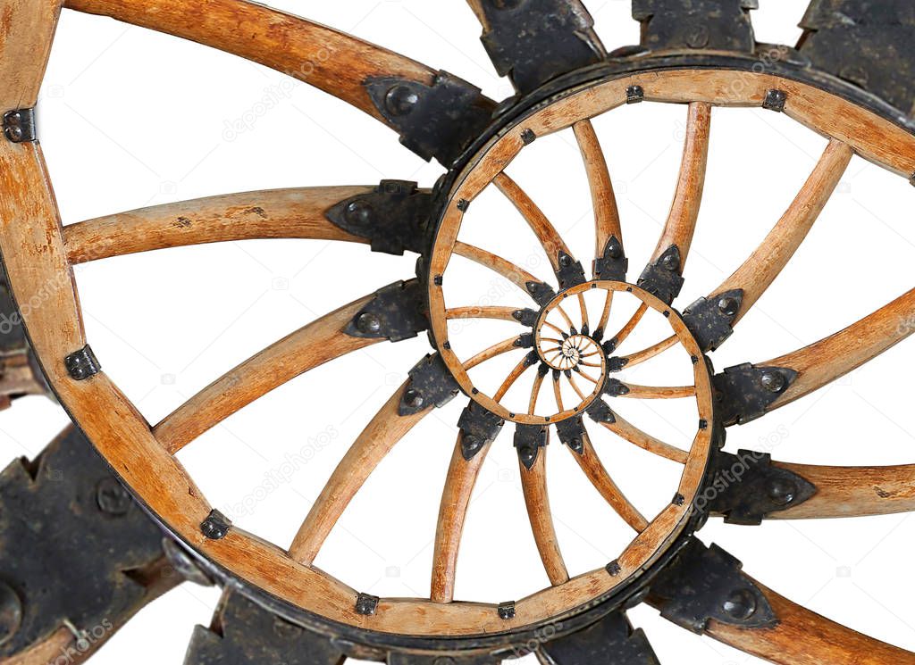Abstract spiral wooden wagon cannon wheel with black metal brackets, rivets. Wheel wooden spokes fractal background. Horse vehicle wheel pattern two strands spiral background Isolated on white fractal