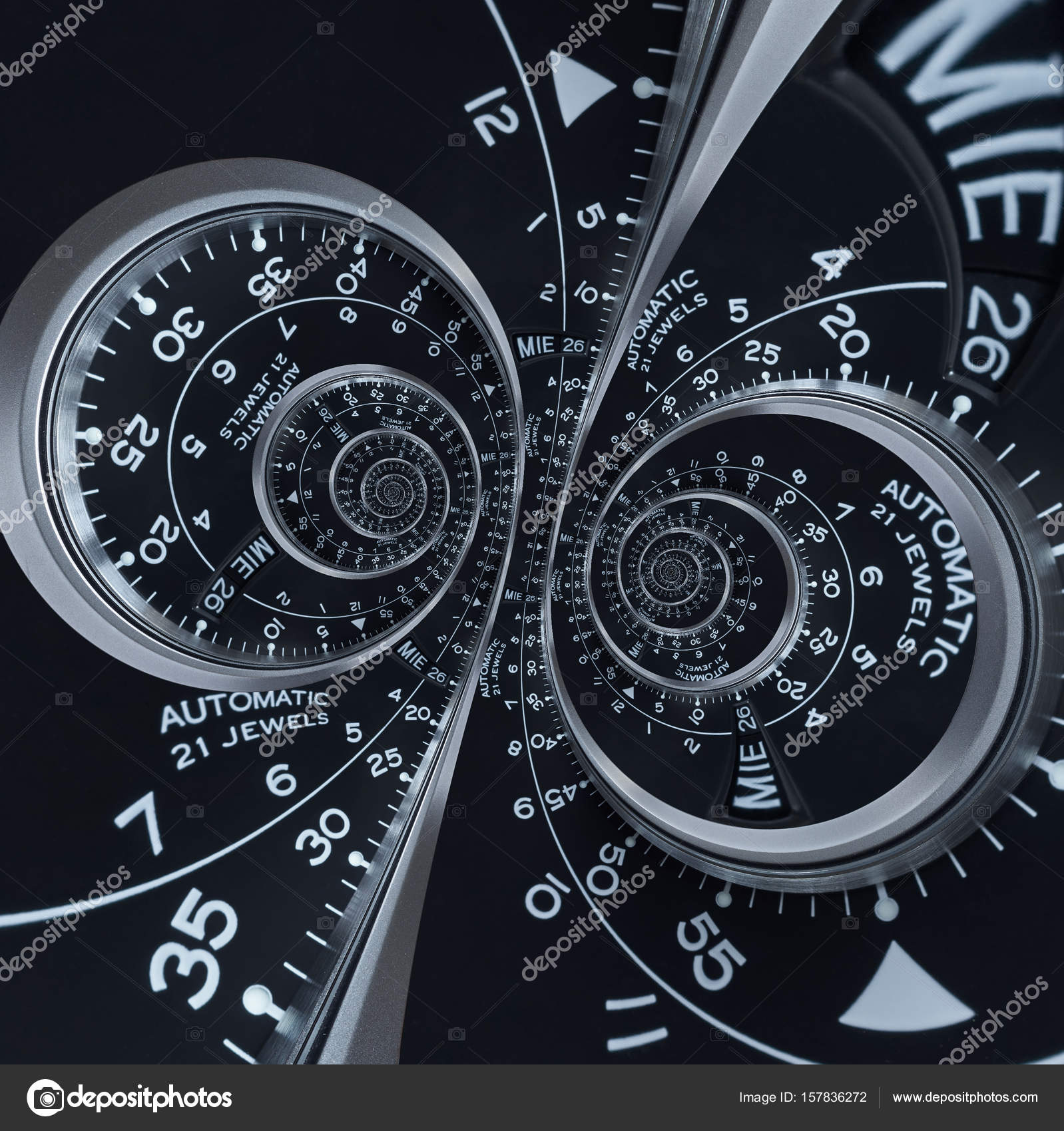 Futurista moderno relógio preto de prata abstrato fractal surreal dupla  espiral. Assista relógio padrão de textura abstrata incomum fundo fractal.  Modern elegante relógio fractal abstrato dupla hélice — Foto ©  MikhailLeonov #157836272, image size:1598x1700