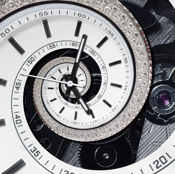 Futuristické moderní štras diamond bílé hodiny watch abstraktní fraktální surrealistické spirály. Podívejte se na hodiny neobvyklé textury abstraktní vzor pozadí fraktálu. Moderní stylový fraktální hodiny Watch hodinový stroj — Stock fotografie