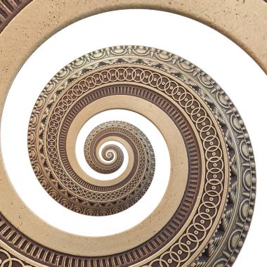 Beyaz bronz bakır geometrik soyut süsleme sarmal fraktal desen arka plan üzerinde izole. Metal spiral desen etkisi arka plan. Sarmal simetrik desen. Soyut etkisi arka plan iplik