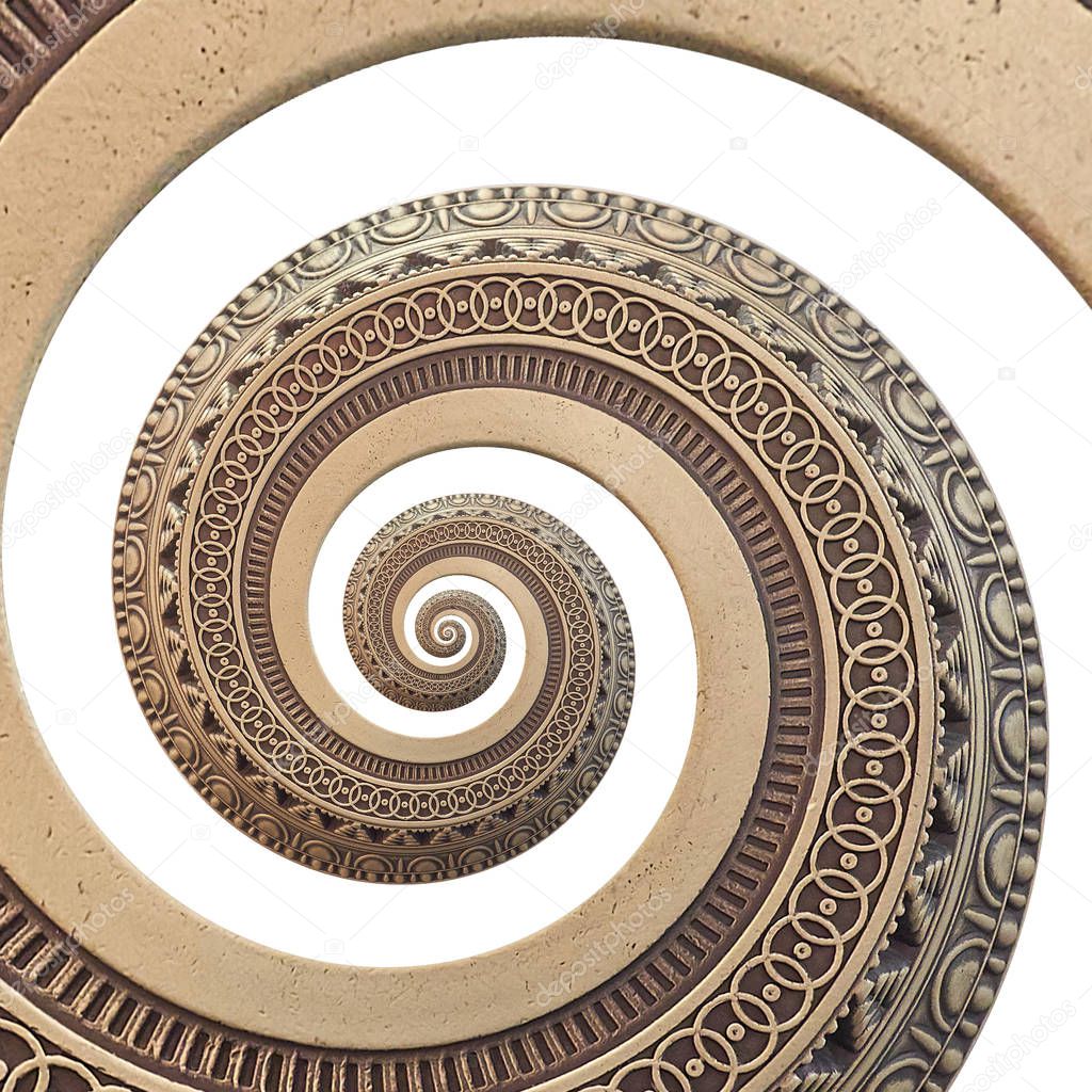 Isolated on white bronze copper geometrical abstract ornament spiral fractal pattern background. Metal spiral pattern effect background. Spiral symmetrical pattern. Abstract spinning effect background