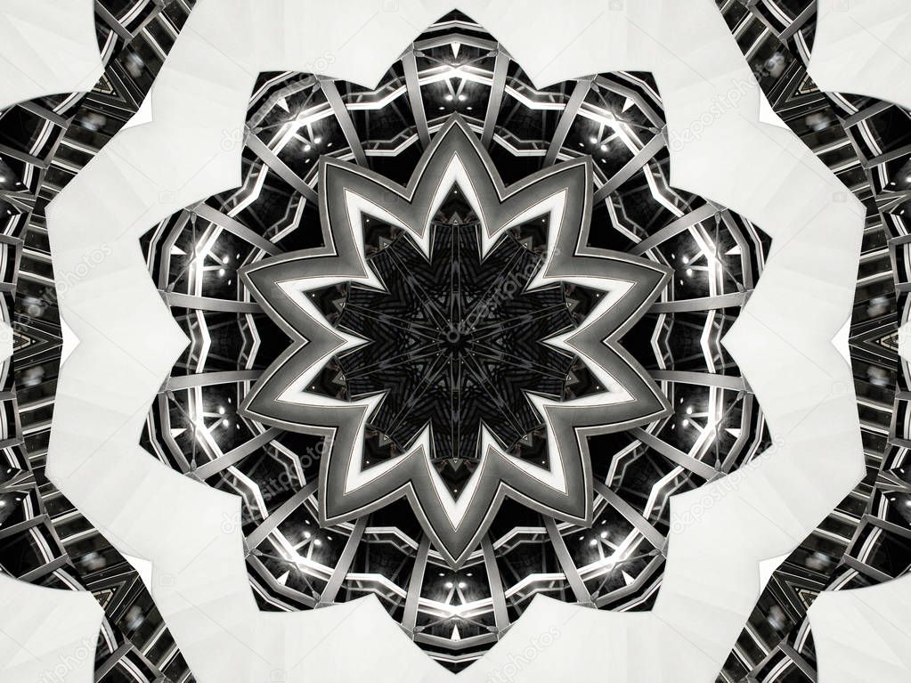 Kaleidoscope pattern abstract background. Round pattern. Architectural abstract fractal kaleidoscope background. Abstract fractal pattern geometrical symmetrical ornament. Metal flower pattern image