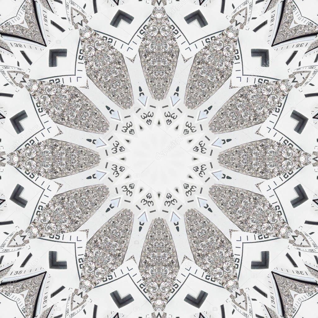 Kaleidoscope strass diamond pattern abstract background. White kaleidoscope clock pattern abstract fractal background. Abstract fractal pattern geometrical symmetrical ornament illustration