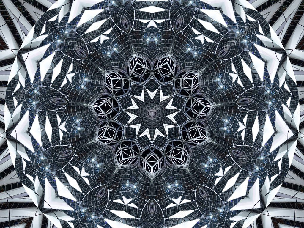 Kaleidoscope pattern abstract background. Round pattern. Architectural abstract fractal kaleidoscope background. Abstract fractal pattern geometrical symmetrical ornament. Architectural pattern