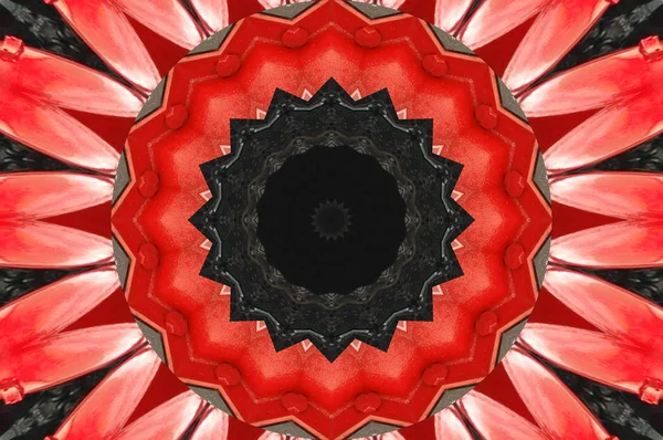 Červená černá kaleidoskop vzor abstraktní pozadí. Kruhového plánu. Abstraktní pozadí fraktálu kaleidoskop. Fraktální abstraktní vzor geometrizující ornament symetrické. Kaleidoskop červený vzor — Stock fotografie