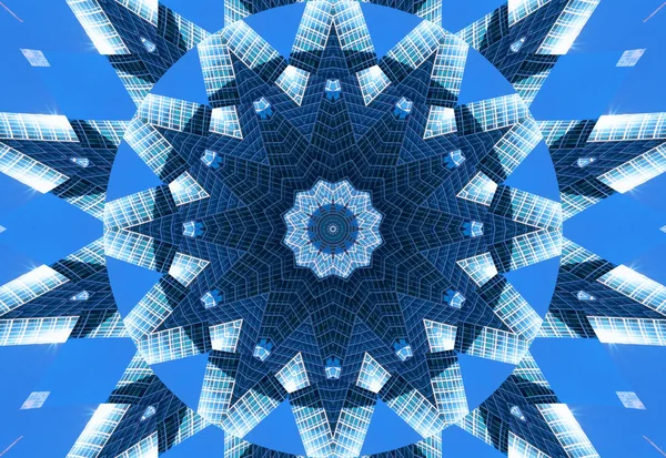 Azul marino caleidoscopio patrón fondo abstracto. Patrón circular. Caleidoscopio fractal abstracto. Adorno simétrico geométrico de patrón fractal abstracto. Caleidoscopio patrón azul — Foto de Stock