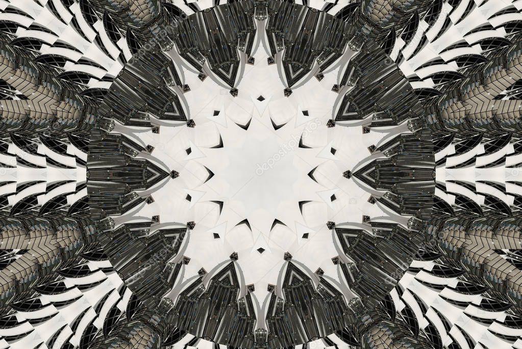 White black Kaleidoscope pattern abstract background. Circle pattern. Abstract fractal kaleidoscope background. Abstract fractal pattern geometrical symmetrical ornament. Kaleidoscope pattern