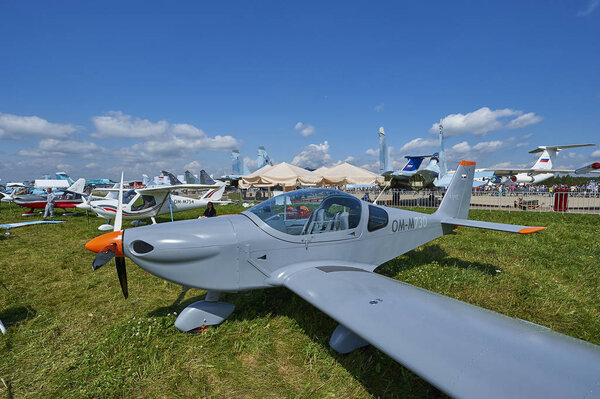 ZHUKOVSKY, RUSSIA, JUL. 21, 2017: Aerospace aircraft exhibition MAKS 2017. Light civil one single motor sport plane RA-2661 G Bristell. Navy sport light plane. ?ivil transport sport aviation section