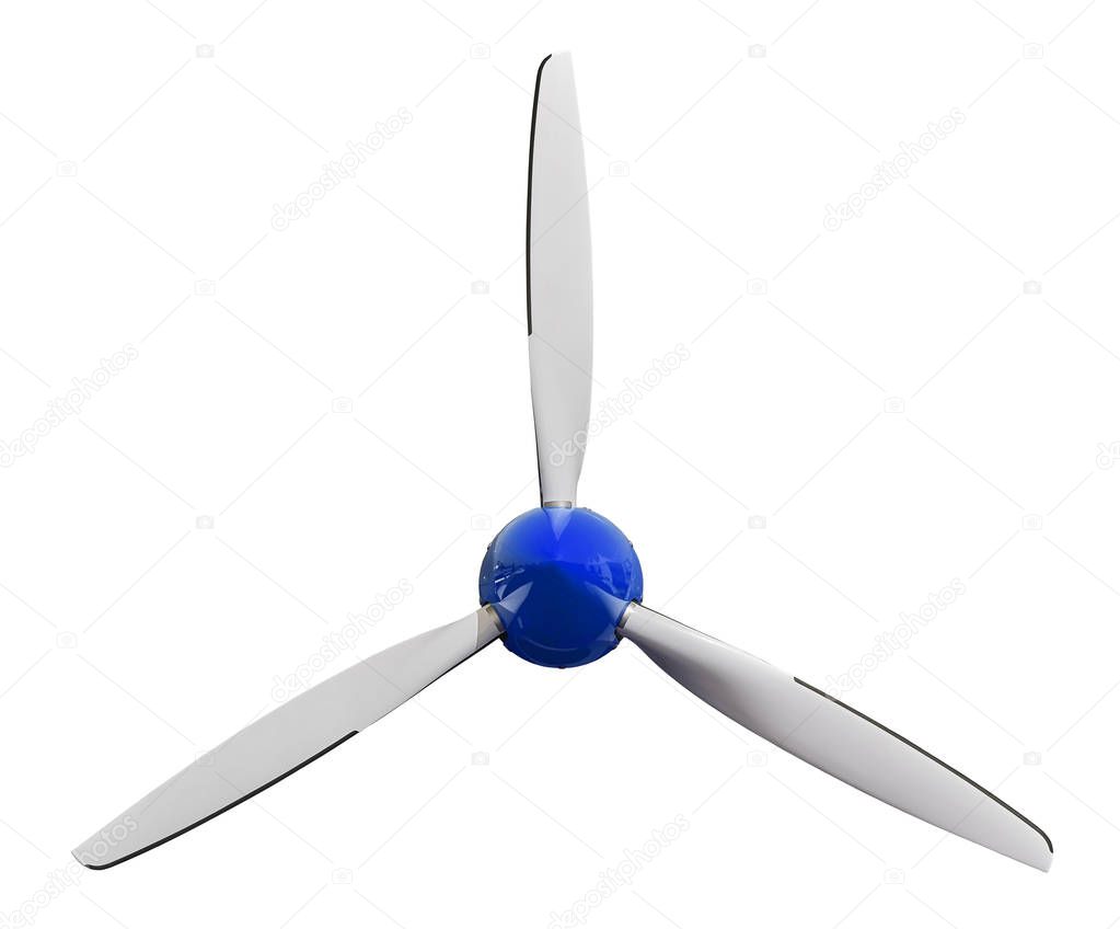 Sport plane white propeller screw with blue navy cover cap. Airplane air screw of engine part for designers. Aircraft plane screw propeller. White blue windmill. Three blades Plane airscrew
