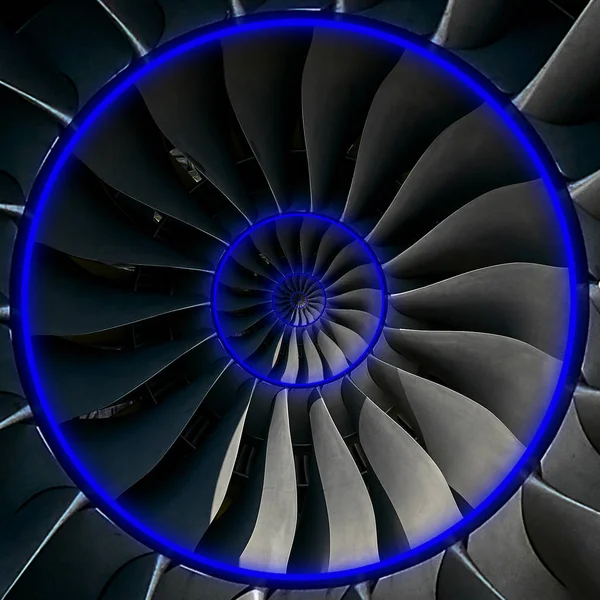 Turbine blades wings Blue neon effect abstract fractal pattern background. Circle round turbine blades production metallic background. Turbine industrial technology abstract door hatch fractal pattern