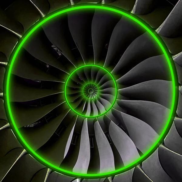 Turbine blades wings Green neon effect abstract fractal pattern background. Circle round turbine blades production background. Turbine industrial technology abstract door hatch fractal pattern