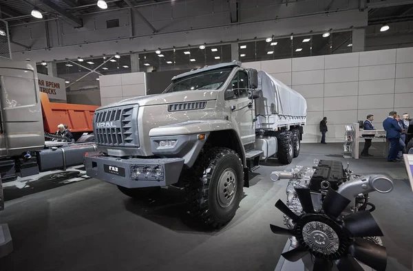 MOSCOW, SEP, 5, 2017: View on serial off-road URAL mud truck for hard to reach areas. Off road cargo trucks for civil military transportation. Commercial Transport Exhibition ComTrans-2017 — Stock Photo, Image