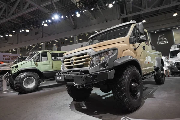 MOSCOW, SEP, 5, 2017: View on special custom off-road mud trucks GAZ for hard to reach areas. Off road cargo trucks for civil military transportation. Commercial Transport Exhibition ComTrans-2017 — Stock Photo, Image