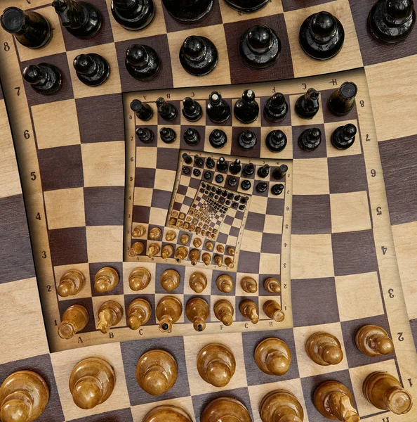 Mesa de ajedrez de madera abstracta blanco negro figuras espiral cuadrada efecto surrealista. Efecto de patrón Escritorio de ajedrez surrealista fondo fractal Fondo de patrón surrealista Juego de ajedrez de madera Fractal de ajedrez —  Fotos de Stock