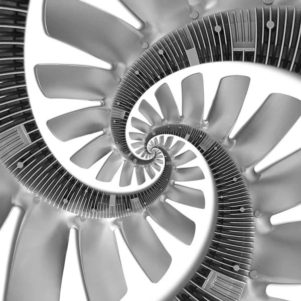 Isolated on white abstract spiral fractal made of truck diesel engine fan silver air screw. Spiral background pattern engine fan. Truck engine fan abstract spiral effect Surreal coil effect truck part