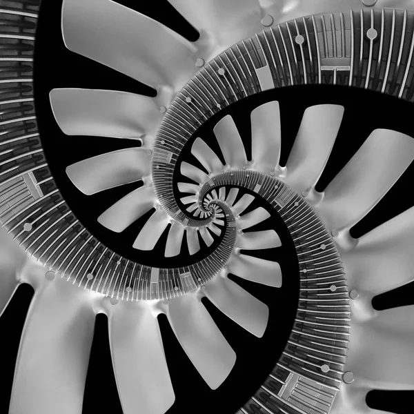 Aislado en fractal espiral abstracto negro hecho de tornillo de aire de plata del ventilador del motor diesel del camión. Ventilador de motor de patrón espiral. Motor del carro ventilador efecto espiral abstracto Surrealista bobina efecto camión parte — Foto de Stock