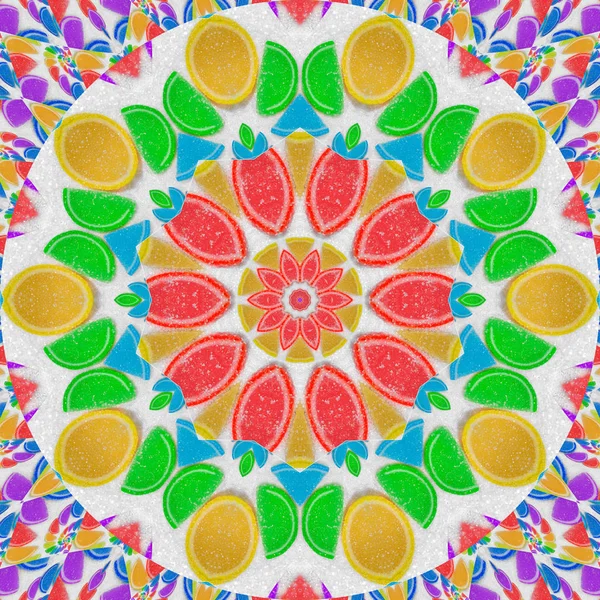 Rainbow Kaleidoscope fruit jelly rainbow wedges slices on white sugar sand background pattern abstract background. Food kaleidoscope. Sweet fruit jelly. Abstract food fractal. Flower kaleidoscope