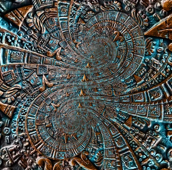 Bronze ancient antique classical double spiral aztec ornament pattern decoration design alien background Abstract texture fractal twin spiral background. Bronze color spiral. Mexican aztec art
