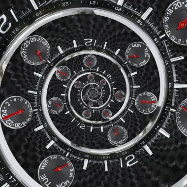 Modern Gümüş Siyah moda saat izle kırmızı Saat eller gerçeküstü zaman spiral bükülmüş. Sürrealizm saat siyah saat izle soyut fraktal arka plan şık saat doku desen kavramı zaman sarmal. Burgu sarmal saat gerçeküstü arka plan deseni