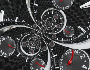 Modern Gümüş Siyah moda saat izle kırmızı Saat eller gerçeküstü zaman spiral bükülmüş. Sürrealizm saat siyah saat izle soyut fraktal arka plan şık saat doku desen kavramı zaman sarmal. Burgu sarmal saat gerçeküstü arka plan deseni