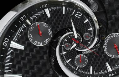 Modern Gümüş Siyah moda saat izle kırmızı Saat eller gerçeküstü zaman spiral bükülmüş. Sürrealizm saat siyah saat izle soyut fraktal arka plan şık saat doku desen kavramı zaman sarmal. İşaretçiler Saat eller