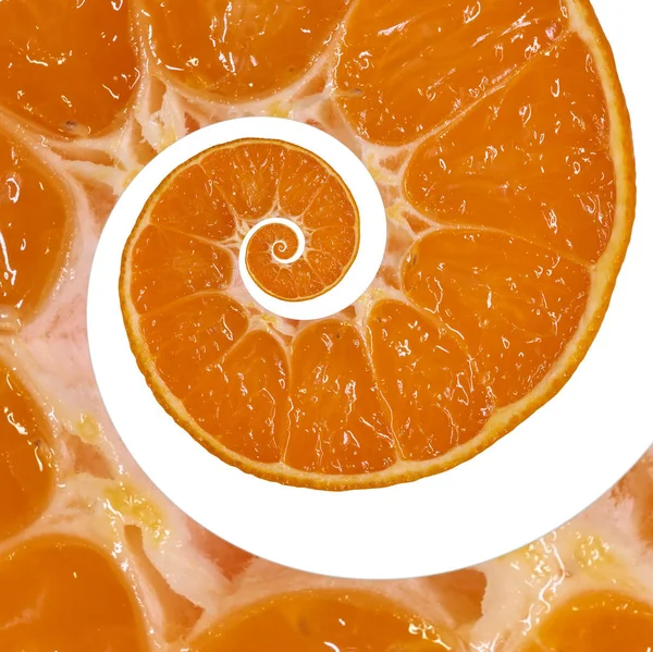 Isolated on white orange slice spiral swirl abstract fractal background. Orange slice spiral background pattern. Impossible abstract orange food fractal background. Surreal orange mandarin fruit swirl abstract fractal