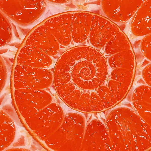 Red orange slice spiral swirl abstract fractal background. Orange slice spiral background pattern. Impossible abstract red orange food fractal background. Surreal red grapefruit mandarin fruit swirl abstract fractal