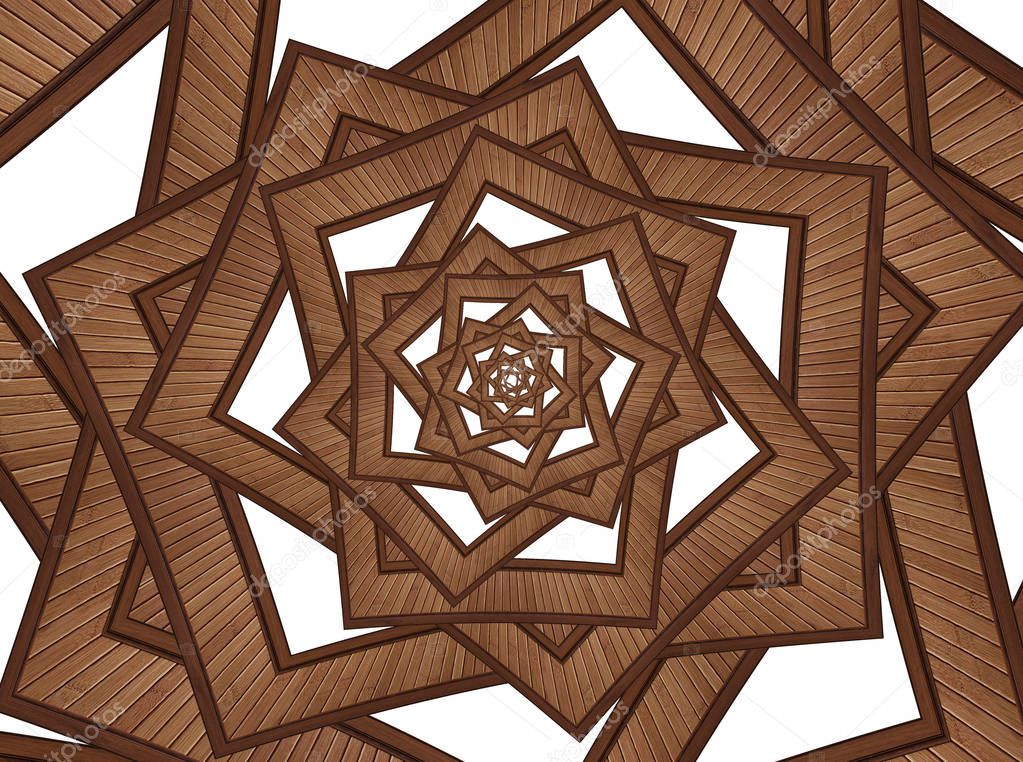 Isolated on white brown walnut wooden panel square spiral pattern fractal background repetitive effect. Wooden decoration element fractal pattern background. Wooden fractal pattern background