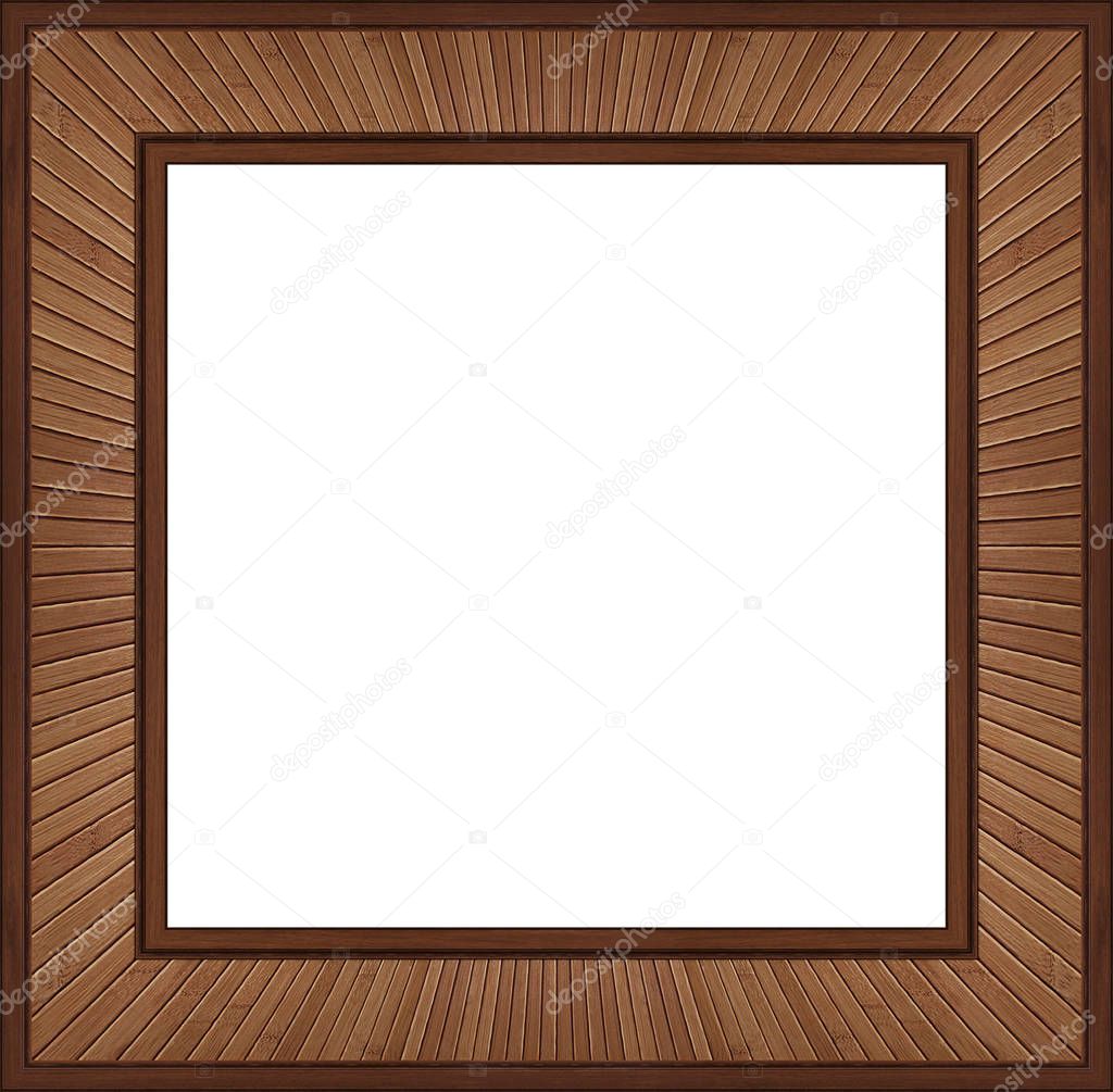 Isolated on white square brown walnut wooden frame element background. Walnut wood decorative frame. Decoration elements. Decorative walnut wooden frame border on white. Wooden elements frame