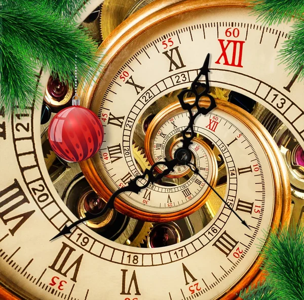 Abstract New Year clock with red ornament ball on green Christmas tree. New Year 2018 postcard. Antique old clock abstract fractal spiral. Watch clock abstract fractal pattern background poster post card. Few minutes to twelve Christmas time.