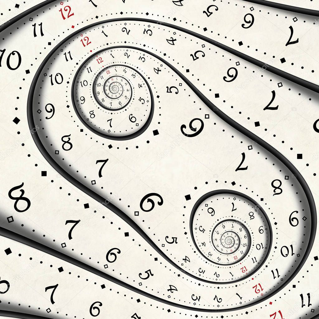 Abstract Modern white surreal spiral clock fractal Twisted watch unusual abstract texture background. High resolution clock pattern fashionable clock Time spiral effect fractal repetitive clock spiral. Original unique surreal spiral clock background
